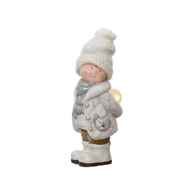 PRAZNIČNA FIGURA DECORIS DEČEK Z LUČKO, 46 CM, BEL/SIV