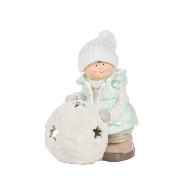 PRAZNIČNA FIGURA GLOSSTYLE DEČEK S SNEŽENO KEPO 39 CM ZA ČAJNO SVEČKO MODRI