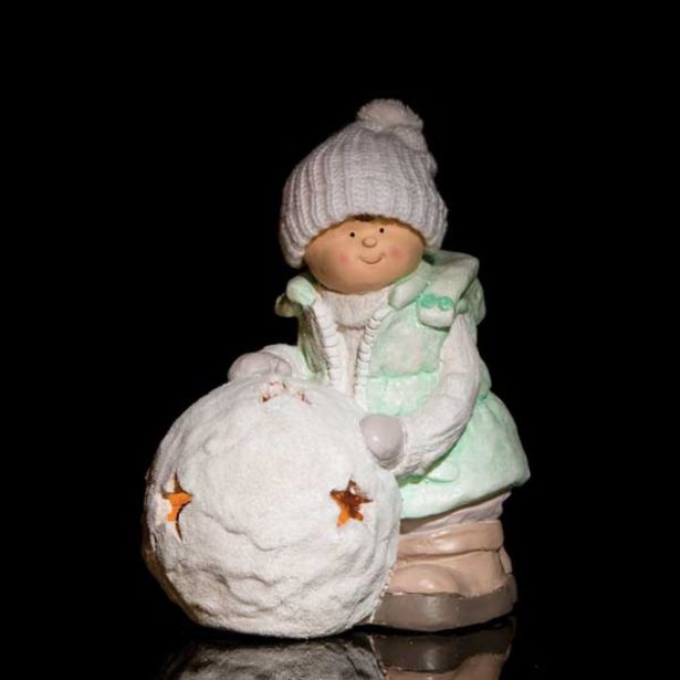 PRAZNIČNA FIGURA GLOSSTYLE DEČEK S SNEŽENO KEPO 39 CM ZA ČAJNO SVEČKO MODRI