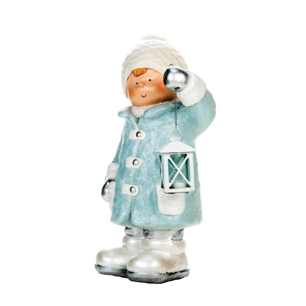 PRAZNIČNA FIGURA GLOSSTYLE DEČEK Z LANTERNO 47 CM ZA ČAJNO SVEČKO MODRA
