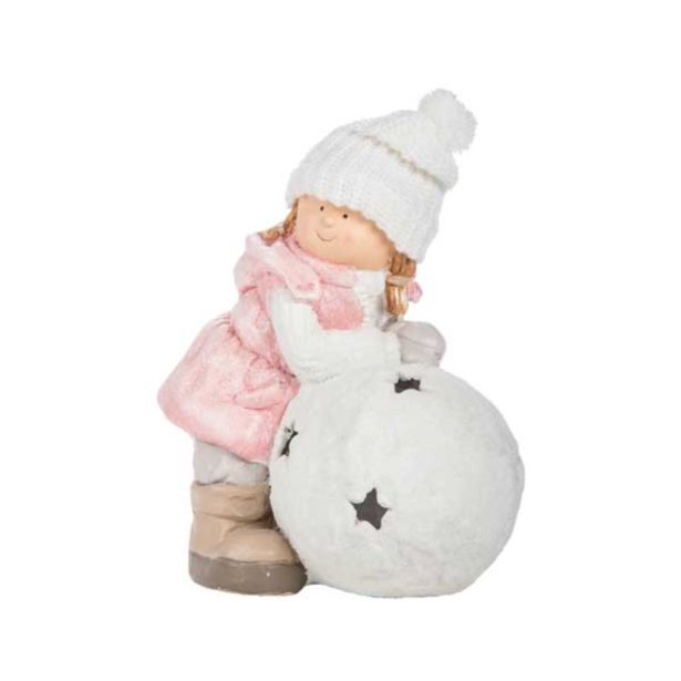 PRAZNIČNA FIGURA GLOSSTYLE DEKLICA S SNEŽENO KEPO 39 CM ZA ČAJNO SVEČKO ZELENI