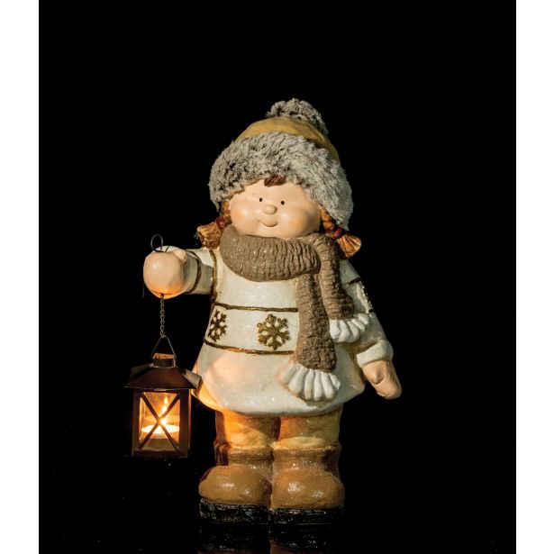 PRAZNIČNA FIGURA GLOSSTYLE DEKLICA Z LANTERNO 42 CM ZA ČAJNO SVEČKO RJAVA