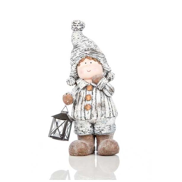 PRAZNIČNA FIGURA GLOSSTYLE OTROK Z LANTERNO 46 CM SIVE BARVE