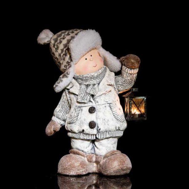 PRAZNIČNA FIGURA GLOSSTYLE OTROK Z LANTERNO 47 CM SIVE BARVE