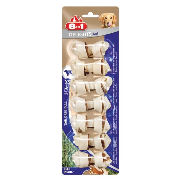 PRIBOLJŠEK ZA PSA 8 IN 1 KOSTI ZA ŽVEČENJE XS GOVEDINA, 7 KOS