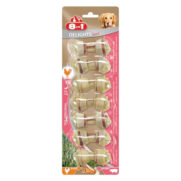 PRIBOLJŠEK ZA PSA 8 IN 1 KOSTI ZA ŽVEČENJE, XS SVINJSKA KOŽA, 7 KOS