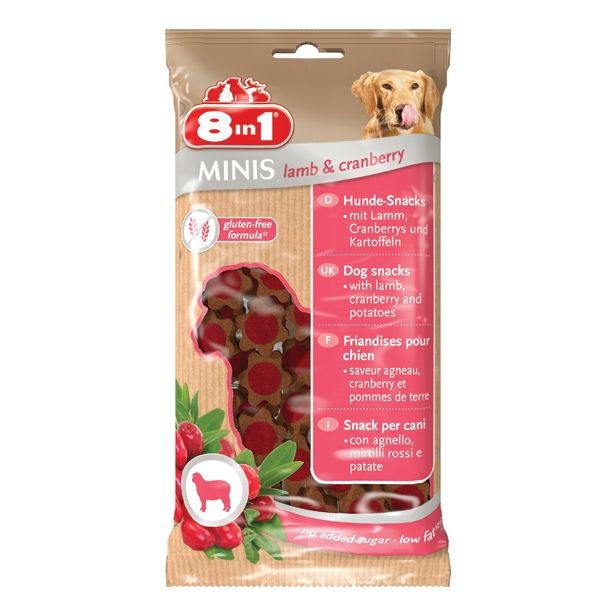 PRIBOLJŠEK ZA PSA 8 IN 1 MINIS ZA PSA, JAGNJETINA IN BRUSNICA, 100G