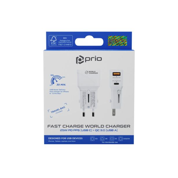 PRIO SVETOVNI ADAPTER QUICK CHARGE 25W IZHOD USB IN TYPE C- ORIGINAL (EU BLISTER) BEL