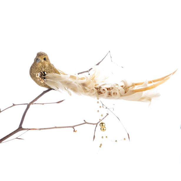 OKRASEK ZA JELKO GLOSSTYLE PTIČ 18 CM ZLAT Z BLEŠČICAMI