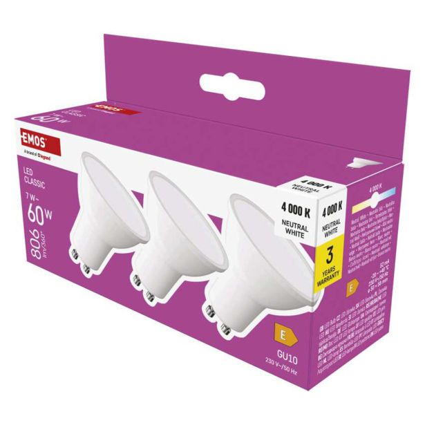 RAZNA LED ŽARNICA EMOS CLS MR16 7W(60W) 806 LM GU10 NW 3PC