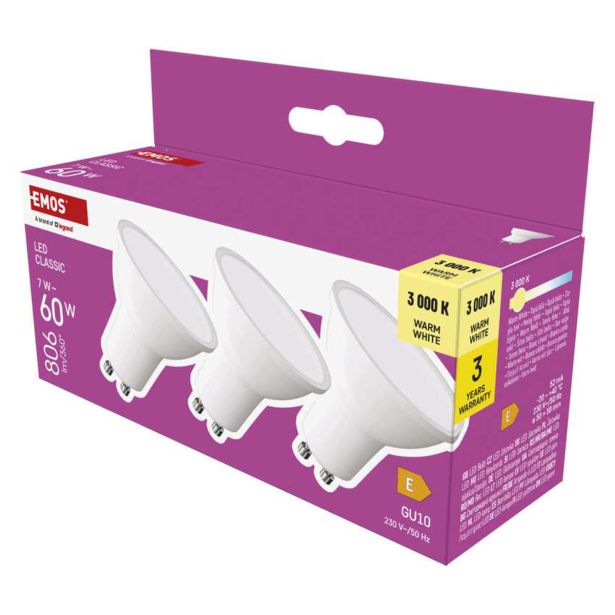 RAZNA LED ŽARNICA EMOS CLS MR16 7W(60W) 806 LM GU10 WW 3PC