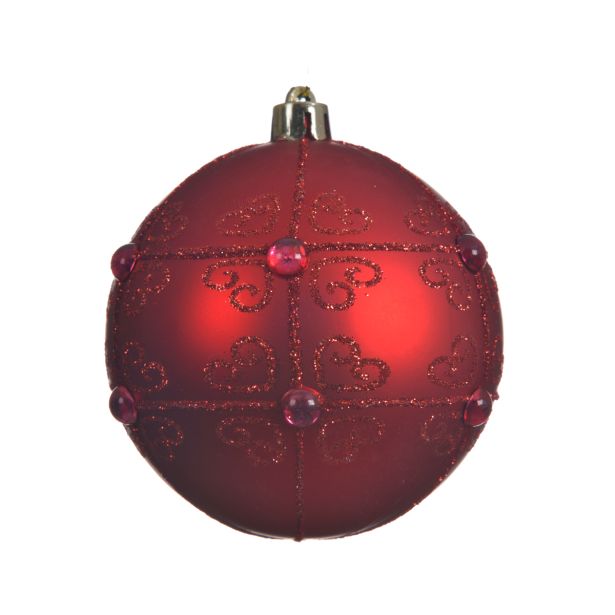 BUNKA IZ UMETNE MASE ZA NOVOLETNO JELKO RDEČE BARVE Z DEKORJEM, PREMER 80 MM