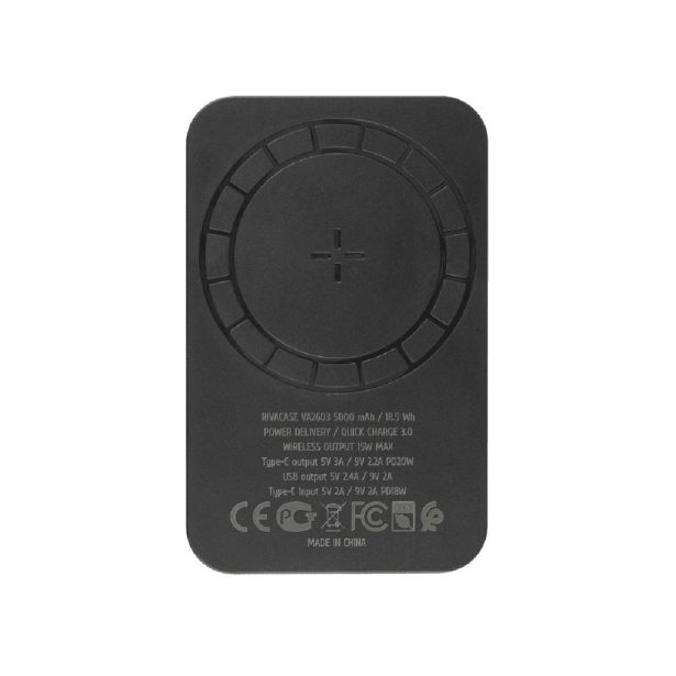RIVACASE VA2603 MAGSAFE MAGNETIC QC / PD ZUNANJA BATERIJA POWERBANK 5.000 MAH 15W Z DRŽALOM - ČRN