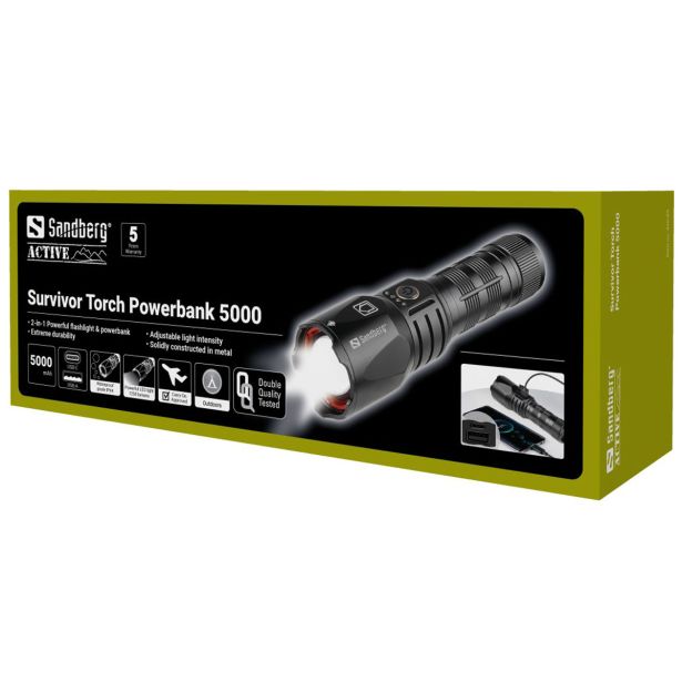SANDBERG ROČNA SVETILKA Z BATERIJO POWERBANK 5000 SURVIVOR, 10W
