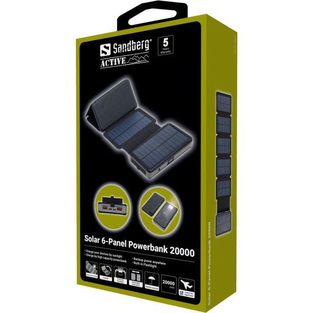 SANDBERG SOLARNA BATERIJA POWERBANK 20.000 S 6 PANELI, 20W