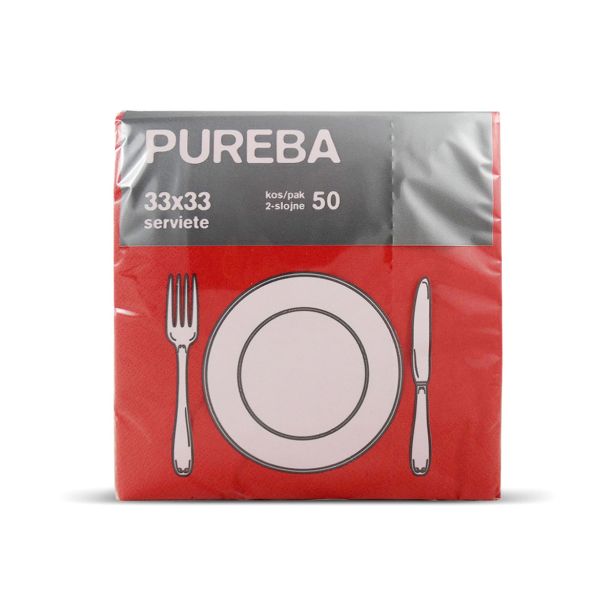 SERVIETE PUREBA 33X33 RDEČE 2-SL. PUREBA 50 KOS/PAK