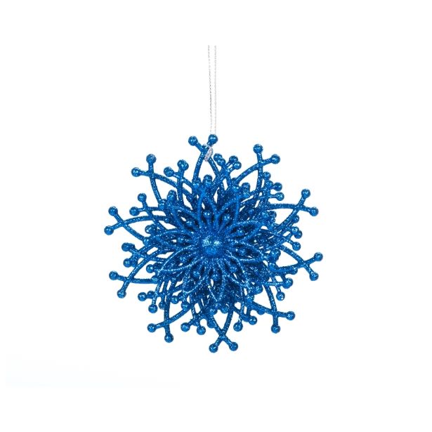 OKRASEK ZA JELKO GLOSSTYLE SNEŽINKA MODRA 9 CM PREMERA
