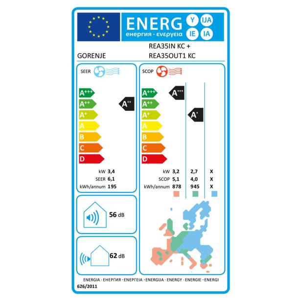 SPLIT ENOJNA INVERTER GORENJE SET KLIMA REA 35 KC2 3.4 KW NE+ZE