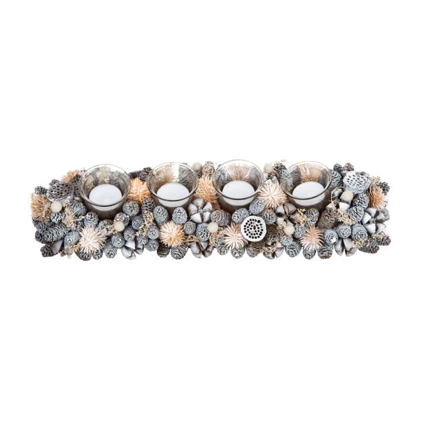 NAMIZNA DEKORACIJA GLOSSTYLE SREBRNA ADVENTNA DEKORACI JA S 4 KOZARČKI 44X13X8CM