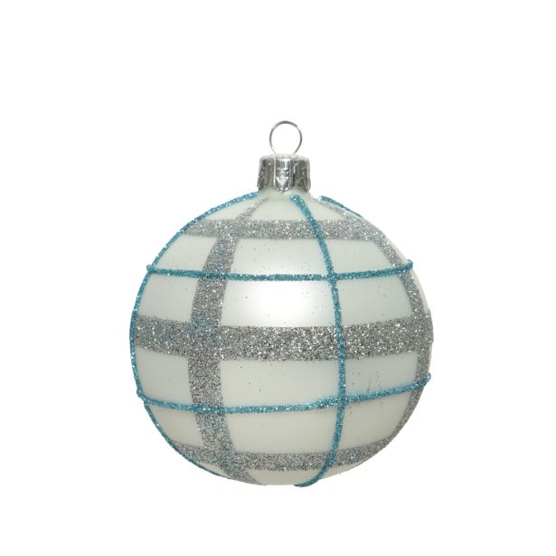 STEKLENA BUNKA BELA, SREBRN/MODER KARO FI 80 MM