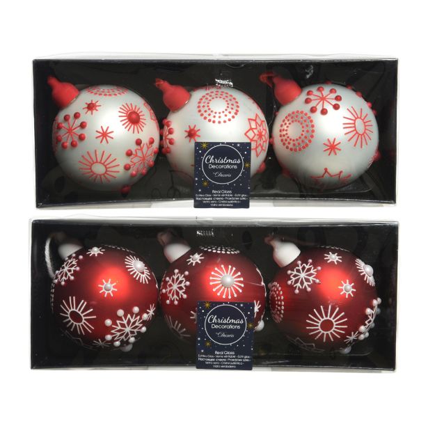 STEKLENA BUNKA DECORIS BELA/RDEČA S SNEŽINKAMI 3/1 FI 8 CM SORT