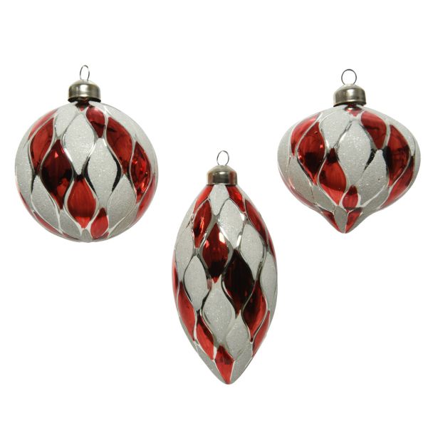 STEKLENA BUNKA DECORIS BELA/RDEČA Z BLEŠČICAMI FI 8 CM SORT