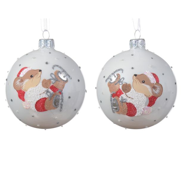 STEKLENA BUNKA DECORIS BELA/RDEČA Z VZORCEM MIŠKE FI 8 CM SORTIRANO