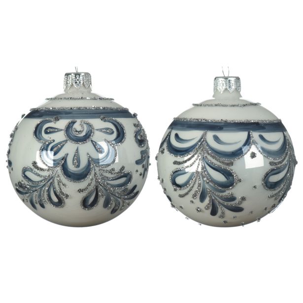 STEKLENA BUNKA DECORIS BELA Z MODRIM DEKORJEM FI 8 CM SORT