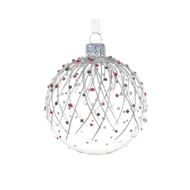 STEKLENA BUNKA DECORIS BELA Z VZORCEM FI 8 CM