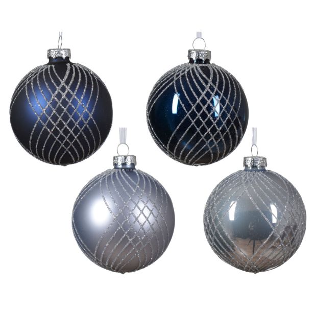 STEKLENA BUNKA DECORIS FI 8 CM, MODRA, SREBRNA VZOREC, SORTIRANO