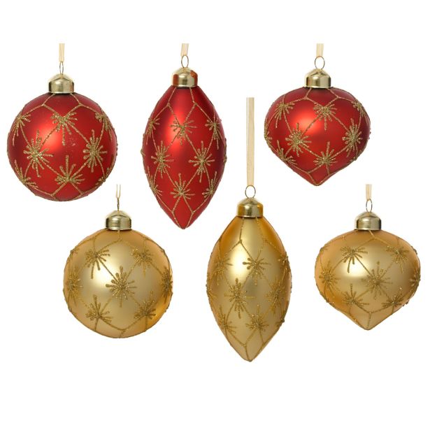 STEKLENA BUNKA DECORIS FI 8 CM, RDEČA, ZLATA VZOREC, SORTIRANO