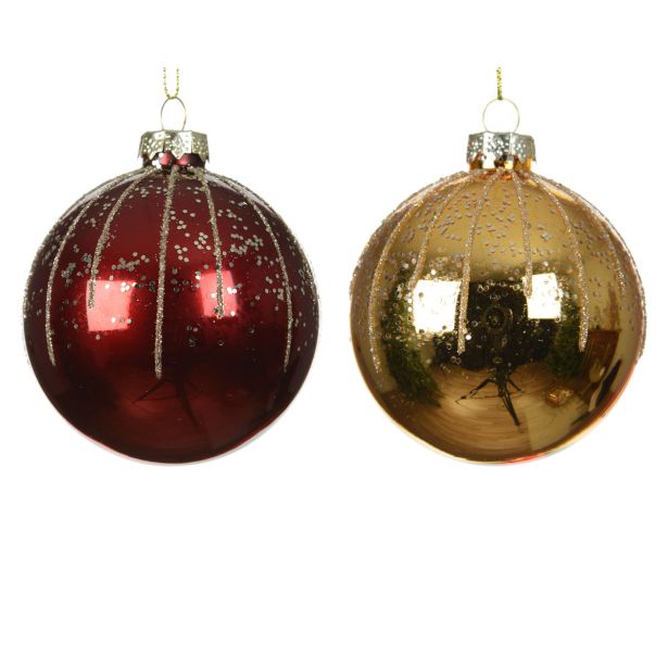 STEKLENA BUNKA DECORIS FI 8 CM, TE. RDEČA, ZLATA VZOREC, SORTIRANO