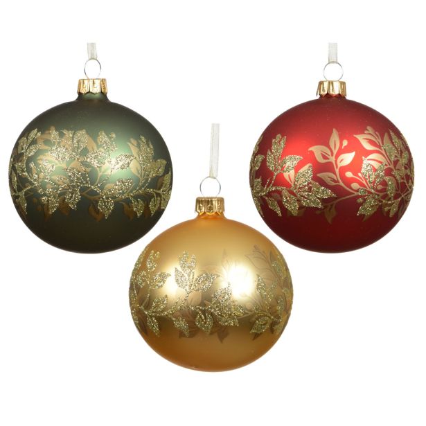 STEKLENA BUNKA DECORIS FI 8 CM, ZELENA, RDEČA, ZLATA, VZOREC, SORTIRANO