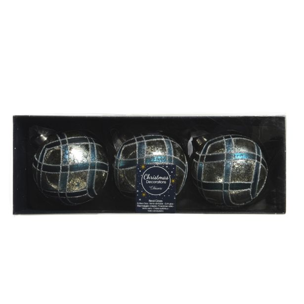 STEKLENA BUNKA DECORIS MODRA/SREBRNA KARO 3/1 FI 8 CM