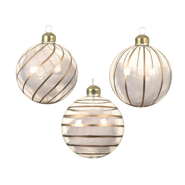 STEKLENA BUNKA DECORIS PROZORNA ZLATI DEKOR IN PERJE FI 8 CM SORT