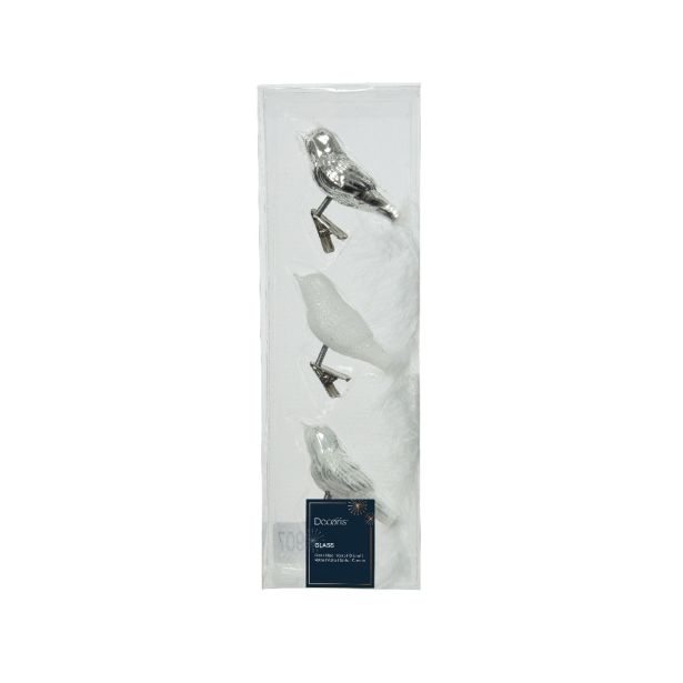 STEKLENA BUNKA DECORIS PTIČEK, BEL, SREBRN REP BELO PERJE, 3/1