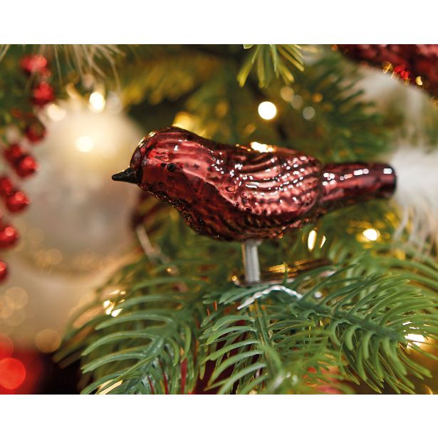 STEKLENA BUNKA DECORIS PTIČEK, RDEČ REP BELO PERJE, 3/1