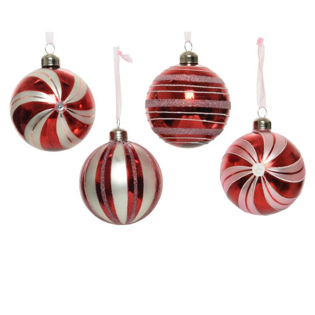 STEKLENA BUNKA DECORIS RDEČA/SREBRNA S ČRTAMI FI 8 CM SORT