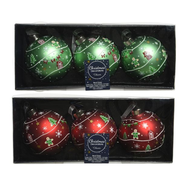 STEKLENA BUNKA DECORIS RDEČA/ZELENA Z DEKORJEM 3/1 FI 8 CM SORT