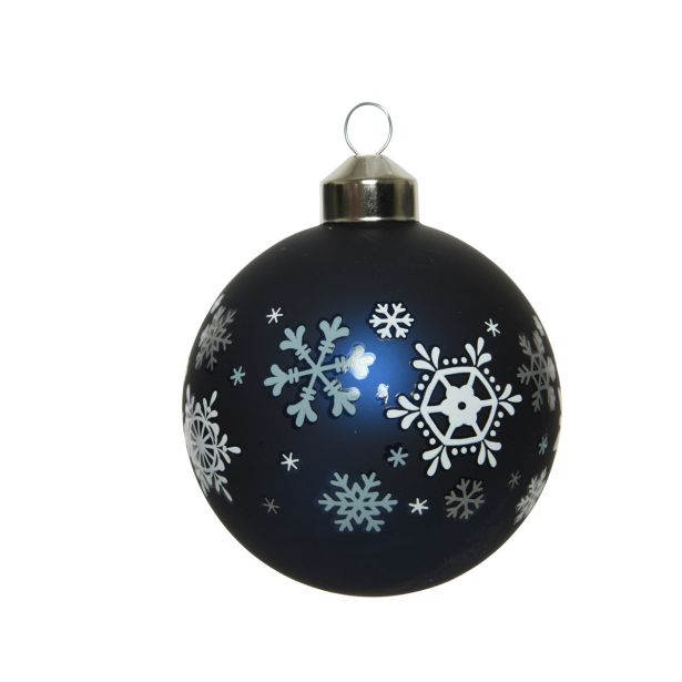 STEKLENA BUNKA DECORIS TEMNO MODRA S SNEŽINKAMI FI 8 CM