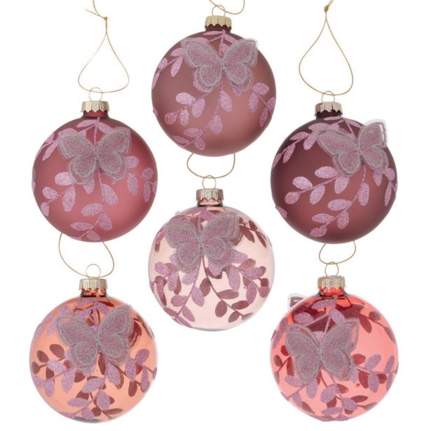 STEKLENA BUNKA, ROZA Z METULJEM, FI 8 CM, SORT