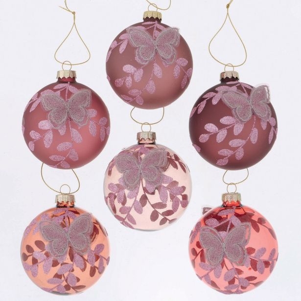 STEKLENA BUNKA, ROZA Z METULJEM, FI 8 CM, SORT