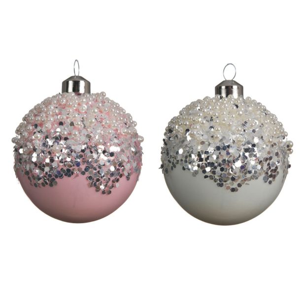 STEKLENA BUNKA V BELI/ROZA BARVI S POSIPOM, PREMER 80 MM