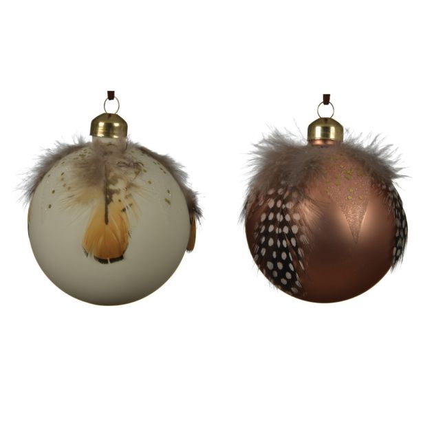 STEKLENA BUNKA V PERLA/RJAVI BARVI Z DODATKOM PERJA, PREMER 80 MM