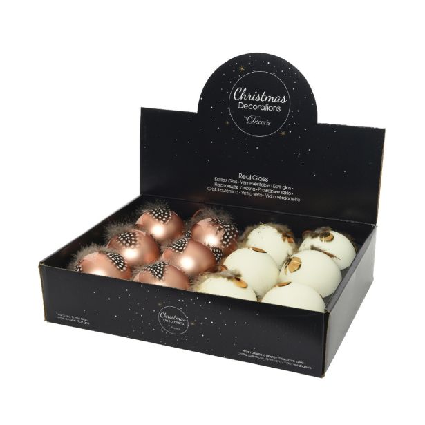 STEKLENA BUNKA V PERLA/RJAVI BARVI Z DODATKOM PERJA, PREMER 80 MM