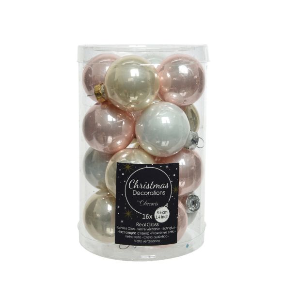 STEKLENE BUNKE V BELI/PERLA/ROZA KOMBINACIJI, 16 KOSOV, PREMER 35 MM