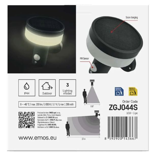 STENSKA VRTNA SVETILKA EMOS TERION S PIR SENZORJEM 12.5 X 14.7 X 14.6 CM