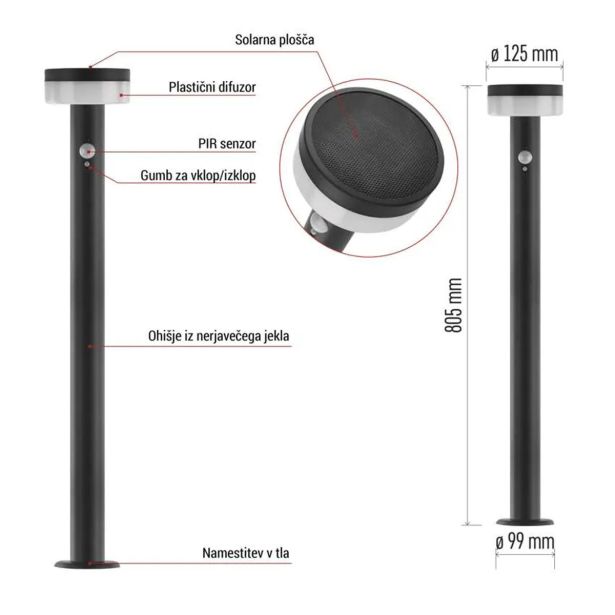 STOJEČA VRTNA SVETILKA EMOS TERION S PIR SENZORJEM 12.5 X 12.5 X 80 CM
