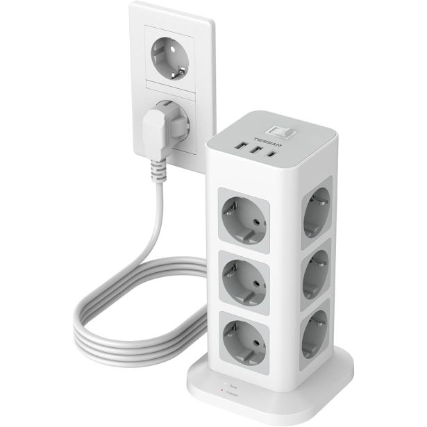 STOLPNA RAZDELILNA VTIČNICA TESSAN TPS04-DE 12X VTIČNICA, 3X USB, STIKALO, 2 M KABEL