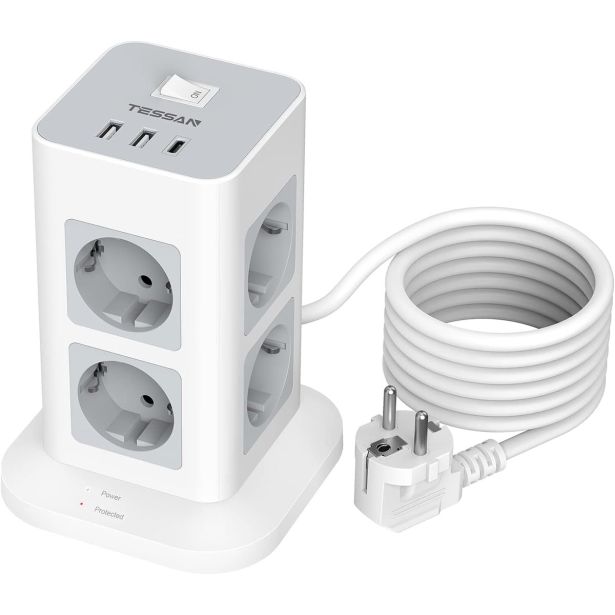 STOLPNA RAZDELILNA VTIČNICA Z 8X AC TESSAN TPS03-DE-C 2X USB-A IN 1X USB-C ' ZAŠČITA PRED PRENAPETOSTJO, KABEL 2 M